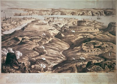 Vista panoramica della Torre di Malakoff e delle opere esterne, la Batteria Redan, il Mamelon e le Cave, pub. 1855 da Stannard e Dixon da Thomas Packer